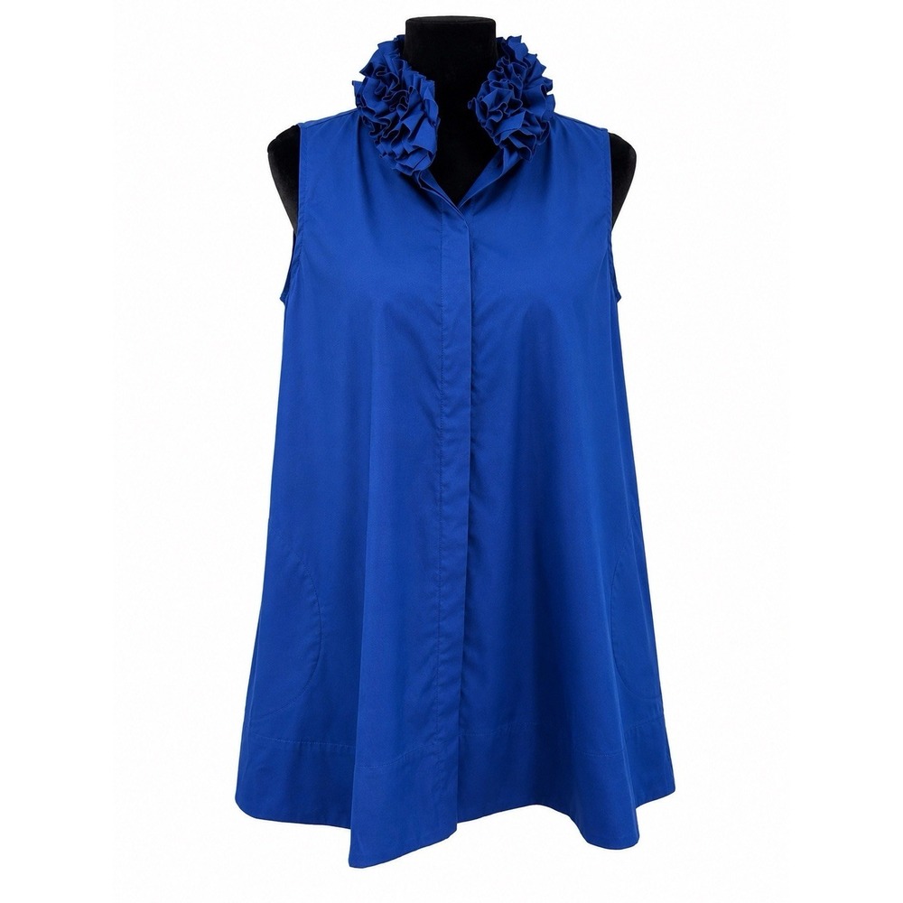 Sara Campbell‎ Top S Cobalt Blue Ruffle Collar Preppy Coastal Chic USA Made $208